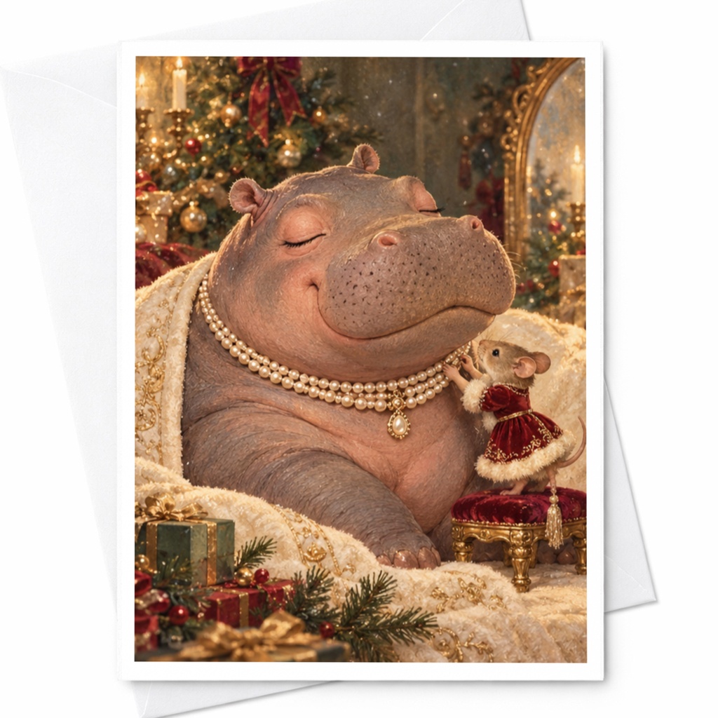 Festive Hippo And Mouse Christmas Card Cute Animal Holiday Greeting Card For Animal Lover Whimsical Seasonal Card C9827