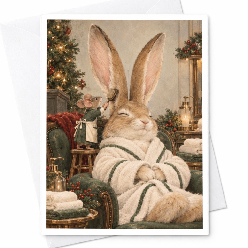 Bunny And Mouse Spa Scene Christmas Greeting Card Cute Animal Holiday Card Cozy Winter Illustration For Animal Lover C9806