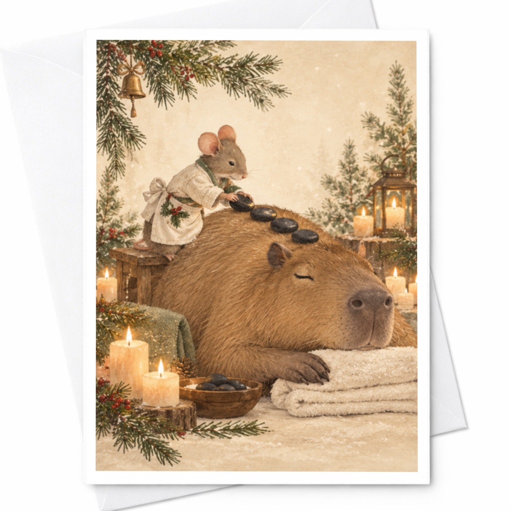Christmas Animal Spa Card Cute Mouse Capybara Holiday Greeting Card Cozy Winter Scene For Animal Lover Relaxing C9807
