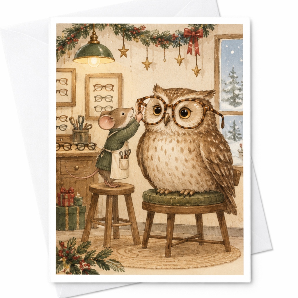 Mouse Adjusting Glasses On Owl Blank Greeting Card Cute Animal Illustration Woodland Friends Card For Nature Lover Whimsical Art C9831