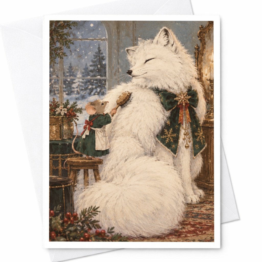 Fox And Mouse Christmas Card Cute Holiday Greeting Card Winter Animal Scene For Animal Lover Festive Card With Bow C9809