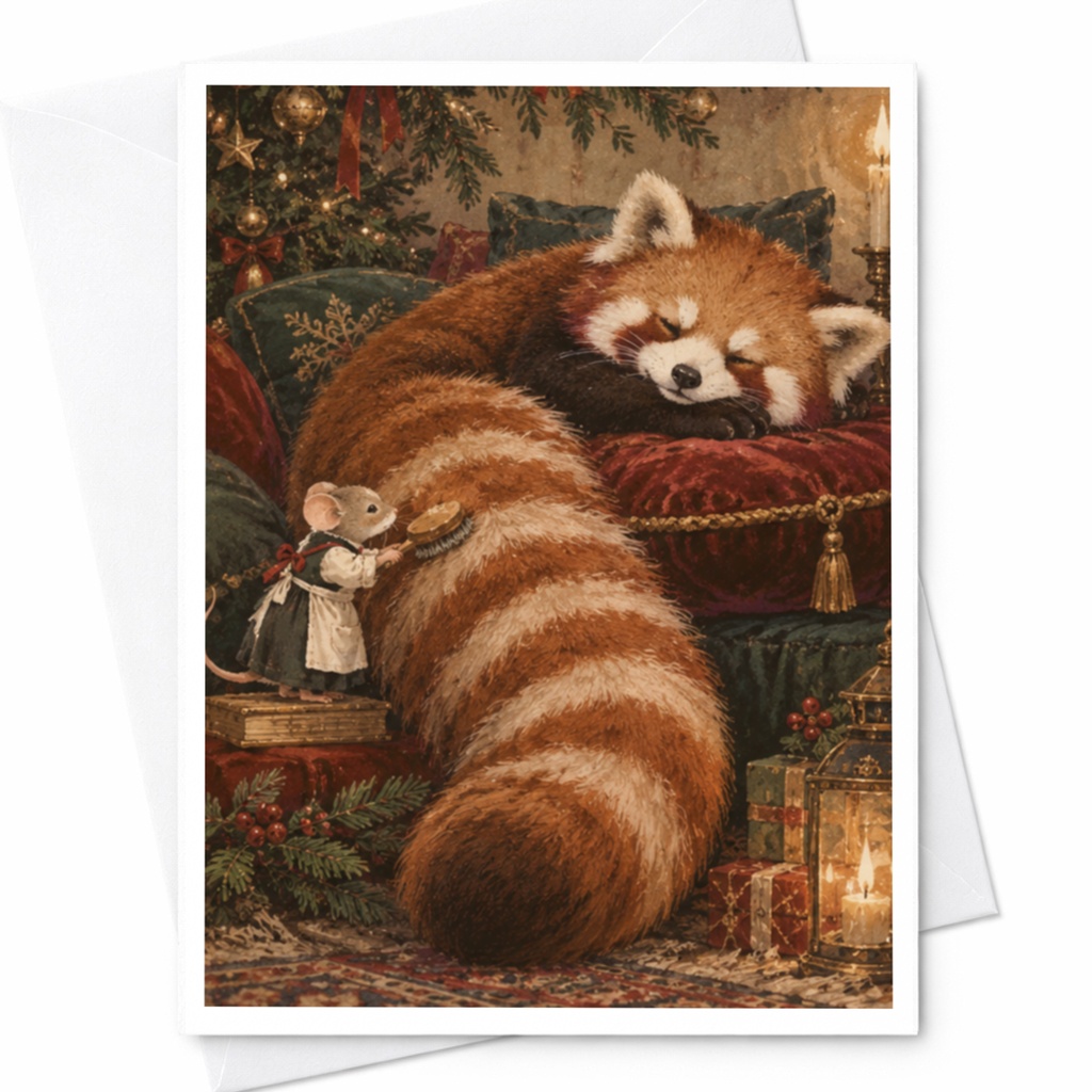 Red Panda Christmas Card Cute Animal Holiday Greeting Card For Animal Lover Festive Winter Scene With Mouse And Gifts C9810