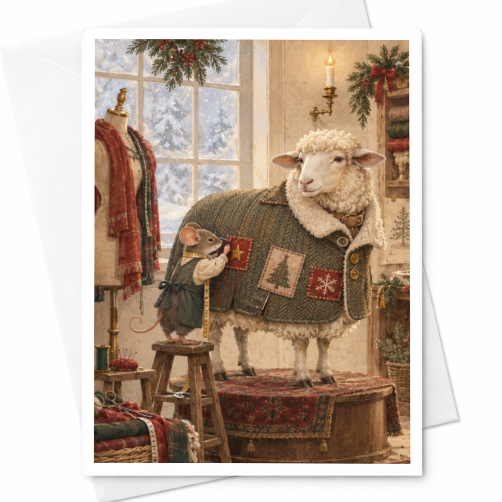 Cozy Winter Sheep And Mouse Christmas Card Cute Animal Holiday Greeting Card For Animal Lover Festive Seasonal Card C9835