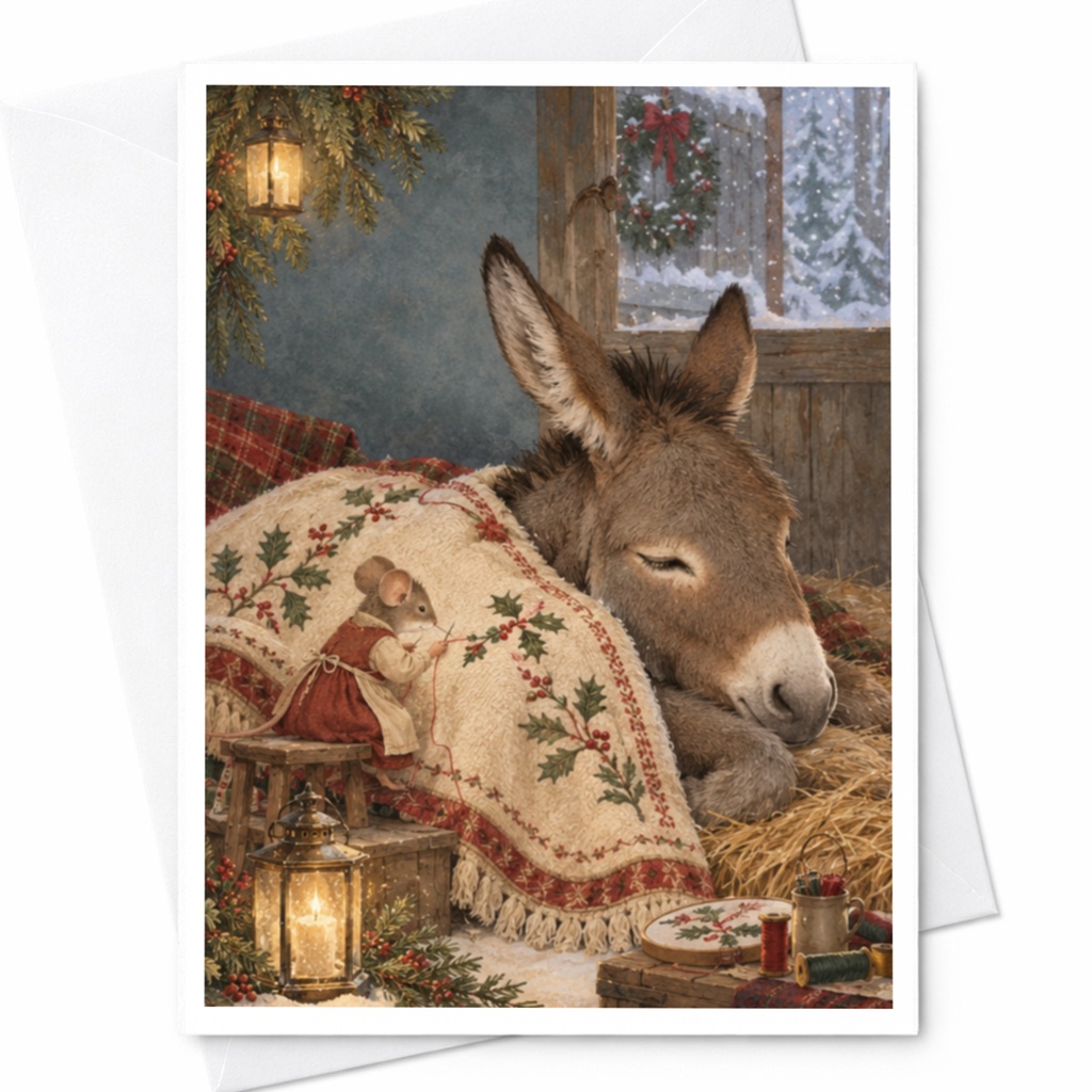 Cozy Winter Donkey And Mouse Christmas Card Cute Animal Holiday Greeting Card For Animal Lover Festive Winter Scene C9836