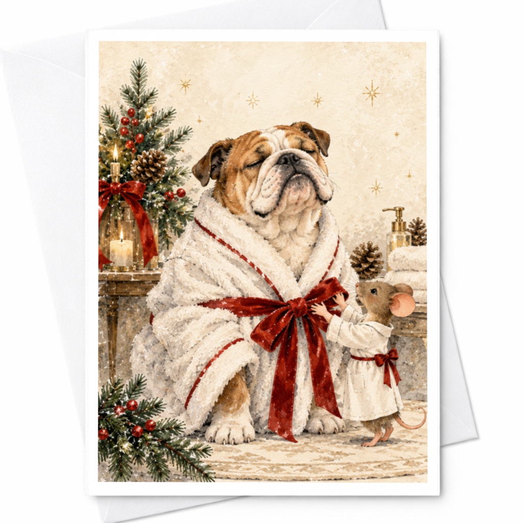 Bulldog And Mouse Christmas Card Cute Holiday Greeting Card For Animal Lovers Festive Winter Scene With Cozy Robes C9837