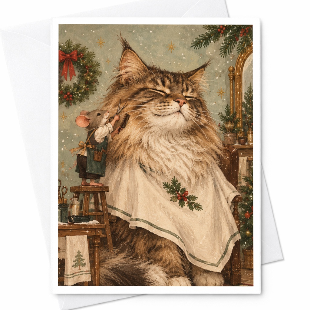 Cat And Mouse Christmas Card Cute Holiday Greeting Card For Animal Lovers Festive Winter Scene With Wreath And Stars C9816