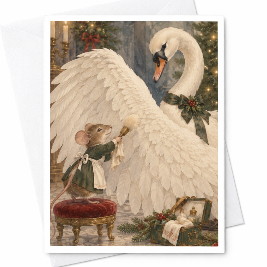 Mouse And Swan Christmas Card Holiday Greeting Card Cute Animal Card For Nature Lover Festive Winter Scene Blank Note Card C9839