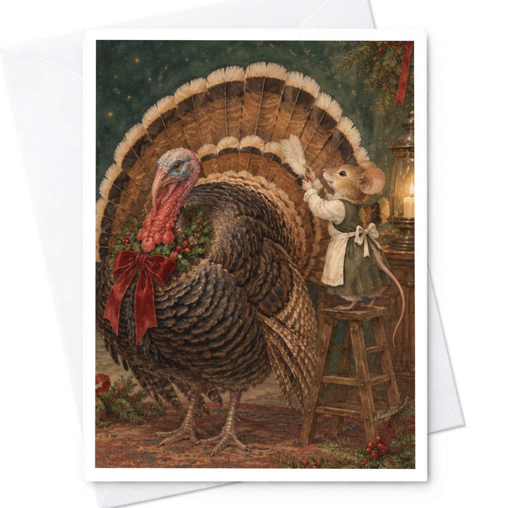 Turkey And Mouse Holiday Card Thanksgiving Greeting Card Cute Animal Illustration Festive Christmas Card For Animal Lover C9840