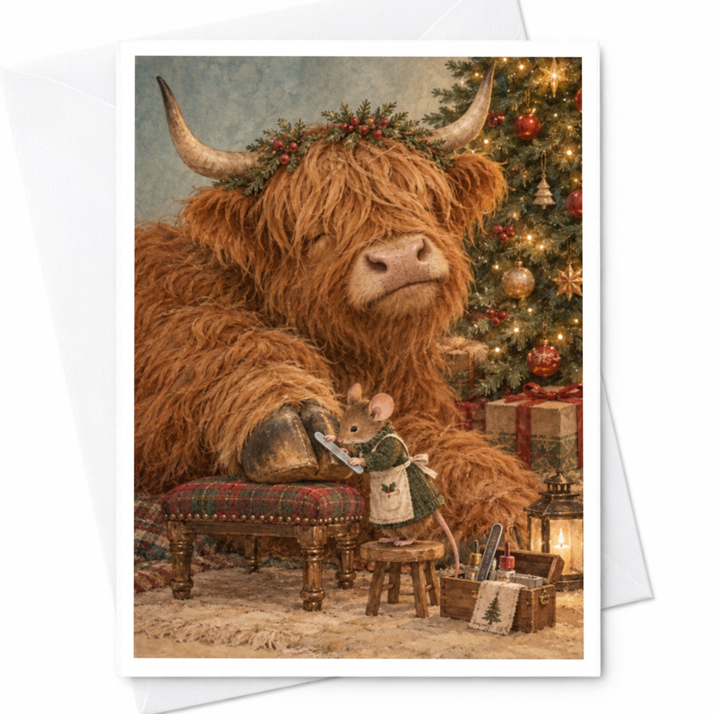 Highland Cow Christmas Card Cute Animal Holiday Greeting Card Festive Mouse Illustration For Animal Lover Seasonal Card C9818