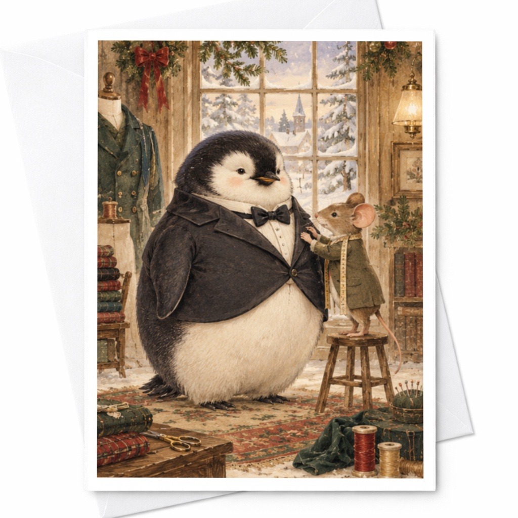 Penguin And Mouse Tailor Shop Card Cute Animal Blank Greeting Card Winter Scene For Animal Lover Whimsical Everyday Card C9819