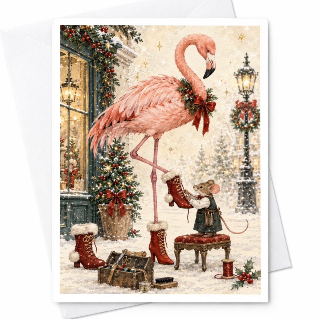 Flamingo And Mouse Christmas Card Cute Winter Scene Holiday Greeting Card Animal Lover Festive Card For Her Him C9843
