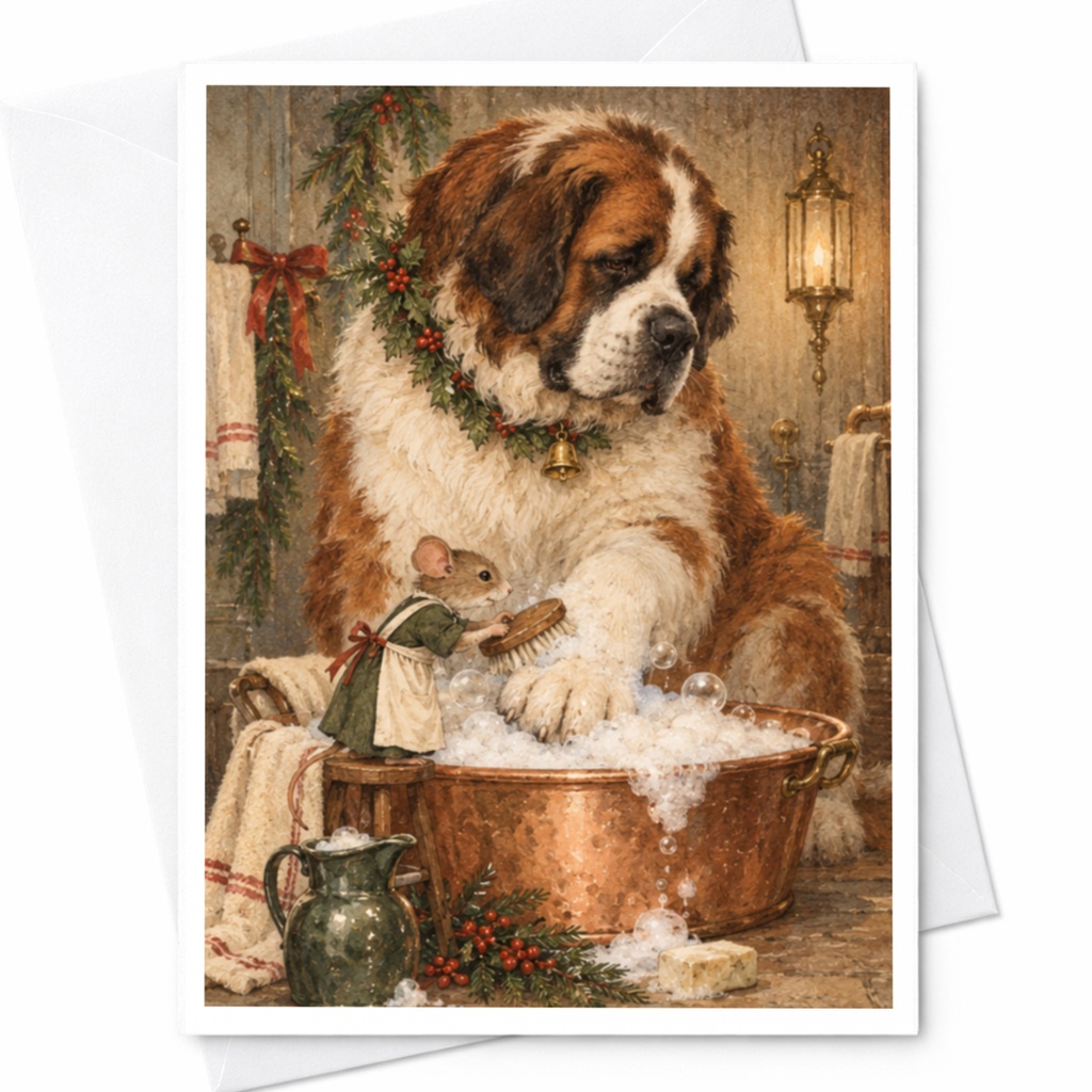 Dog And Mouse Christmas Card Festive Animal Greeting Card Cute Holiday Card For Dog Lover Whimsical Winter Scene C9821