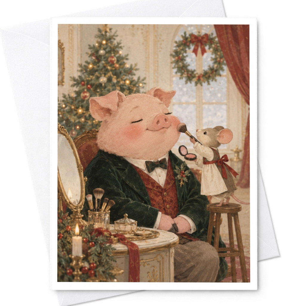 Pig And Mouse Christmas Card Cute Animal Holiday Greeting Card Festive Winter Scene For Animal Lover Adorable Xmas Card C9845