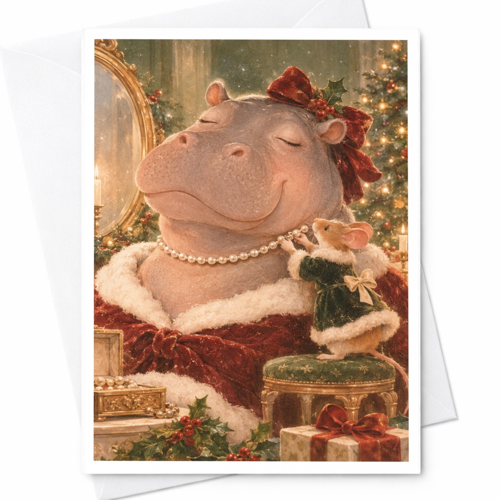 Hippo And Mouse Christmas Card Cute Holiday Greeting Card Festive Animal Illustration For Her For Friend Adorable Xmas Card C9823