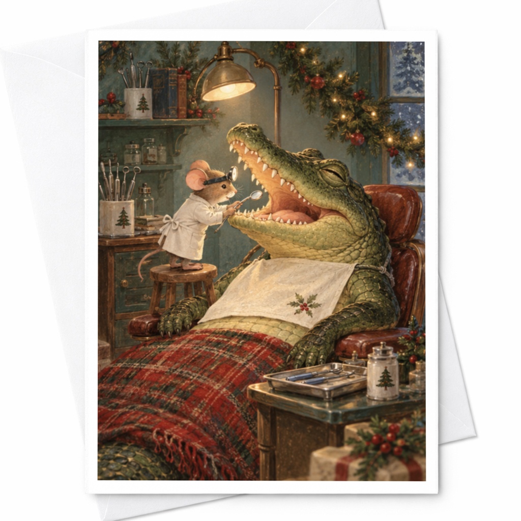 Mouse Dentist With Crocodile Blank Greeting Card Cute Animal Illustration Everyday Card For Animal Lover Whimsical Art C9848