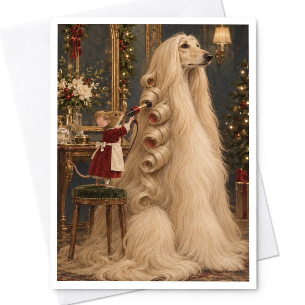 Dog With Long Hair Styled By Mouse Blank Greeting Card Cute Animal Card For Dog Lover Whimsical Art Card Everyday Card C9826