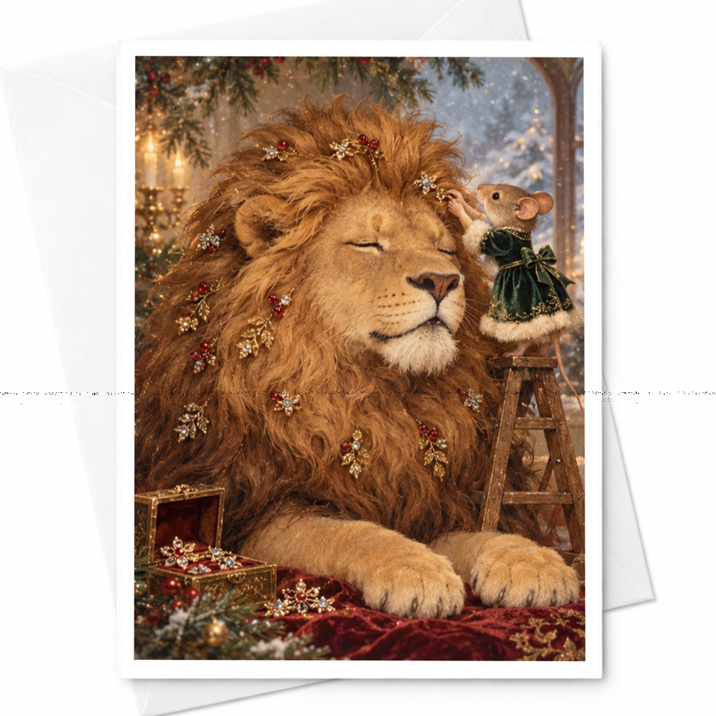 Lion And Mouse Christmas Card Festive Animal Greeting Card Holiday Card For Animal Lover Cute Winter Scene C9828