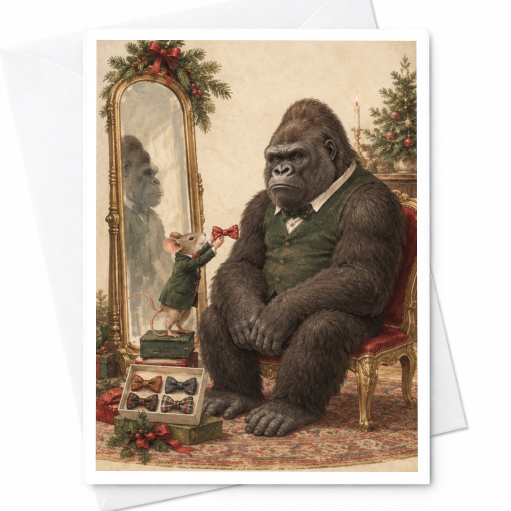 Gorilla And Mouse Bow Tie Card Cute Animal Blank Greeting Card Christmas Holiday Card For Animal Lover Whimsical Art C9829