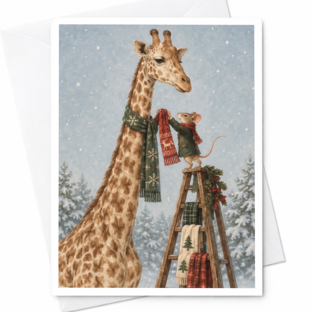 Giraffe And Mouse Christmas Card Cute Animal Holiday Greeting Card Winter Scene For Animal Lover Festive Card C9830