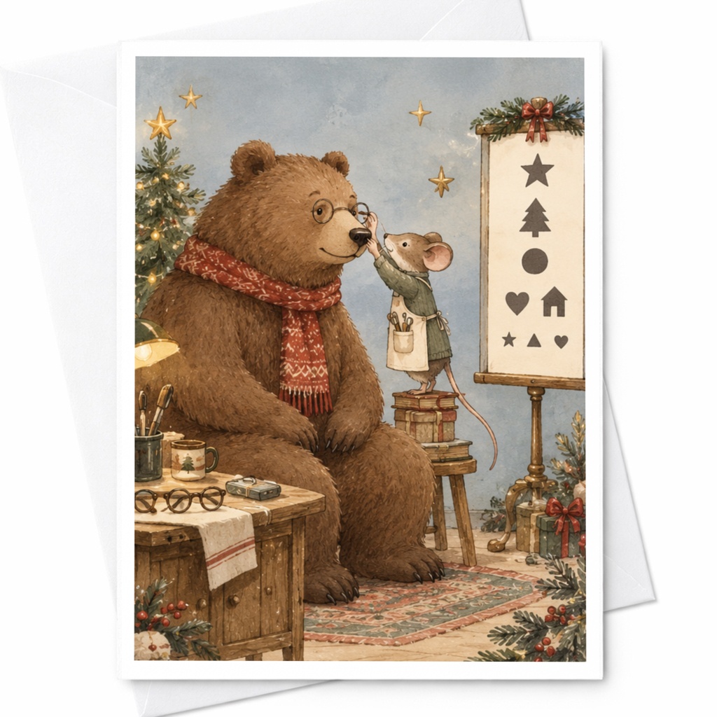 Bear And Mouse Christmas Card Cute Holiday Greeting Card For Animal Lovers Winter Scene Festive Illustration C9832