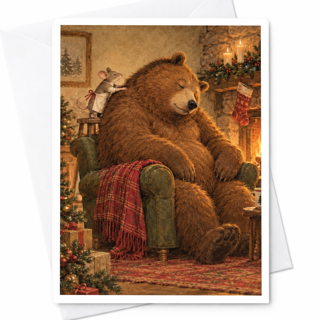 Cozy Bear And Mouse Christmas Card Holiday Greeting Card Cute Animal Illustration Winter Scene For Animal Lover C9833