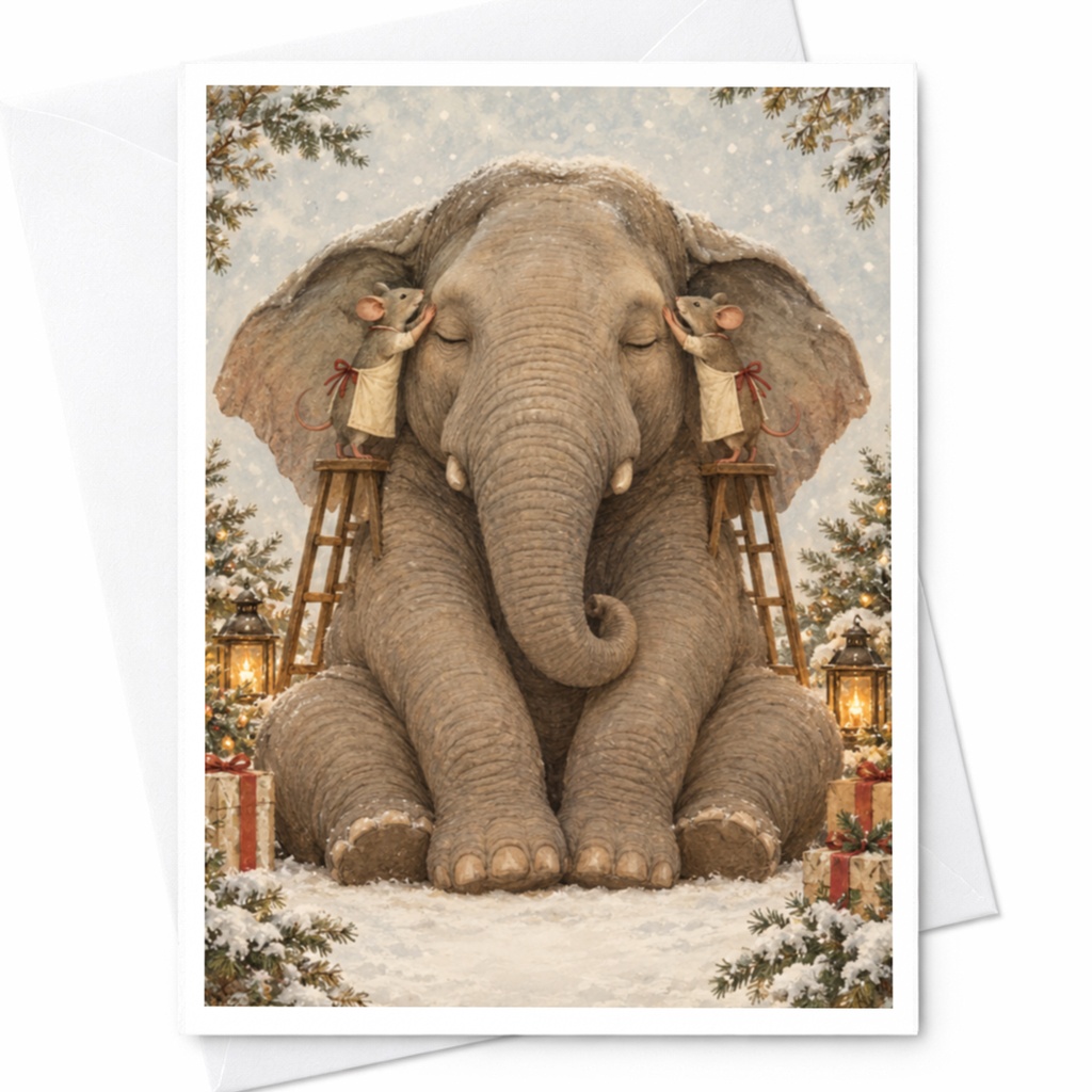Elephant Winter Scene Card Cute Animal Greeting Card Blank Note Card For Animal Lover Whimsical Holiday Card Christmas C9834