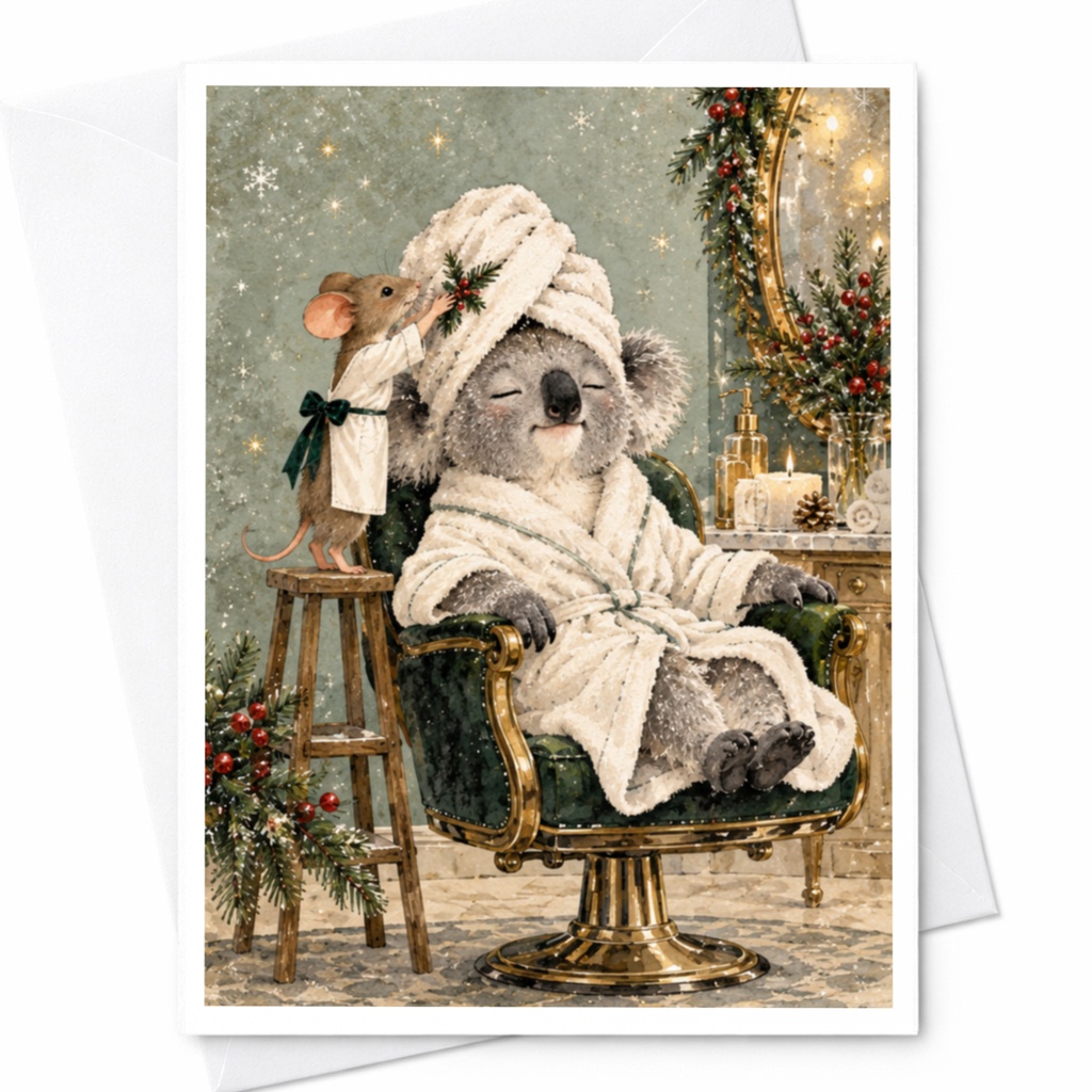 Koala Spa Day Card Cute Animal Greeting Card Relaxing Koala And Mouse Blank Note Card For Animal Lover Cozy Winter Scene C9838