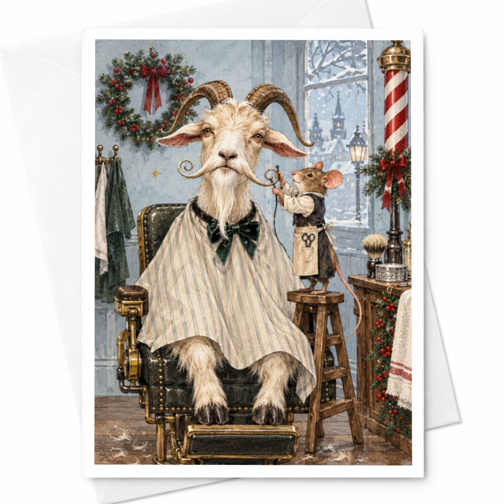 Goat Barber Christmas Card Cute Animal Holiday Greeting Card For Him Funny Winter Scene With Mouse Festive Card C9842