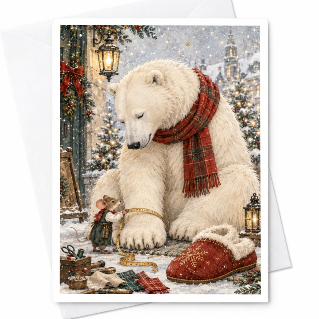 Polar Bear And Mouse Christmas Card Cute Winter Scene Holiday Greeting Card For Animal Lover Festive Snowy Illustration C9844
