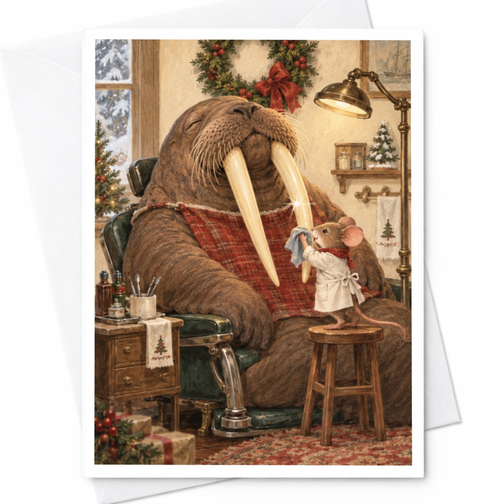 Walrus And Mouse Christmas Card Cute Animal Holiday Greeting Card Festive Winter Scene For Animal Lover Adorable Xmas Card C9847