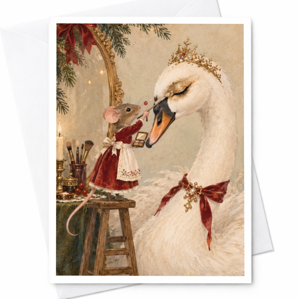 Mouse And Swan With Crown Blank Greeting Card Cute Animal Illustration Everyday Card For Her Whimsical Art Card C9849