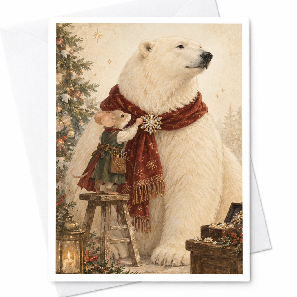Bear And Mouse Christmas Card Cute Animal Holiday Greeting Card Winter Scene For Animal Lover Festive Illustration C9851