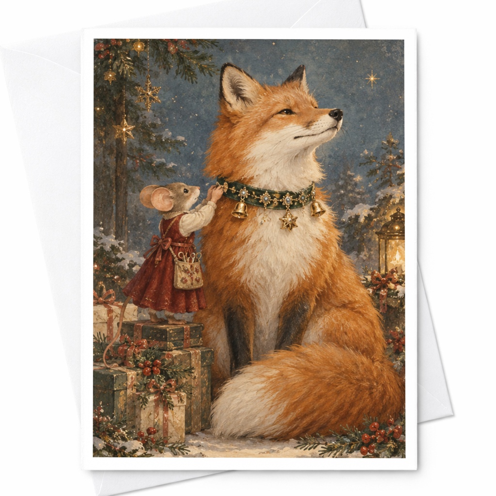 Fox And Mouse Christmas Card Cute Animal Holiday Greeting Card Woodland Scene For Animal Lover Festive Winter Card C9852