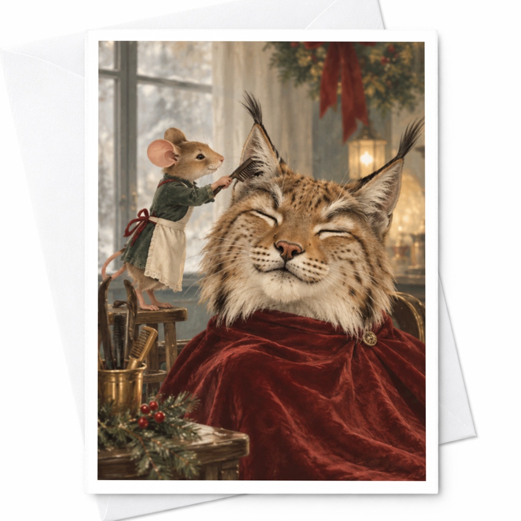Mouse Grooming Lynx Card Cute Animal Blank Greeting Card Whimsical Everyday Card For Animal Lover Unique Art Card C9854