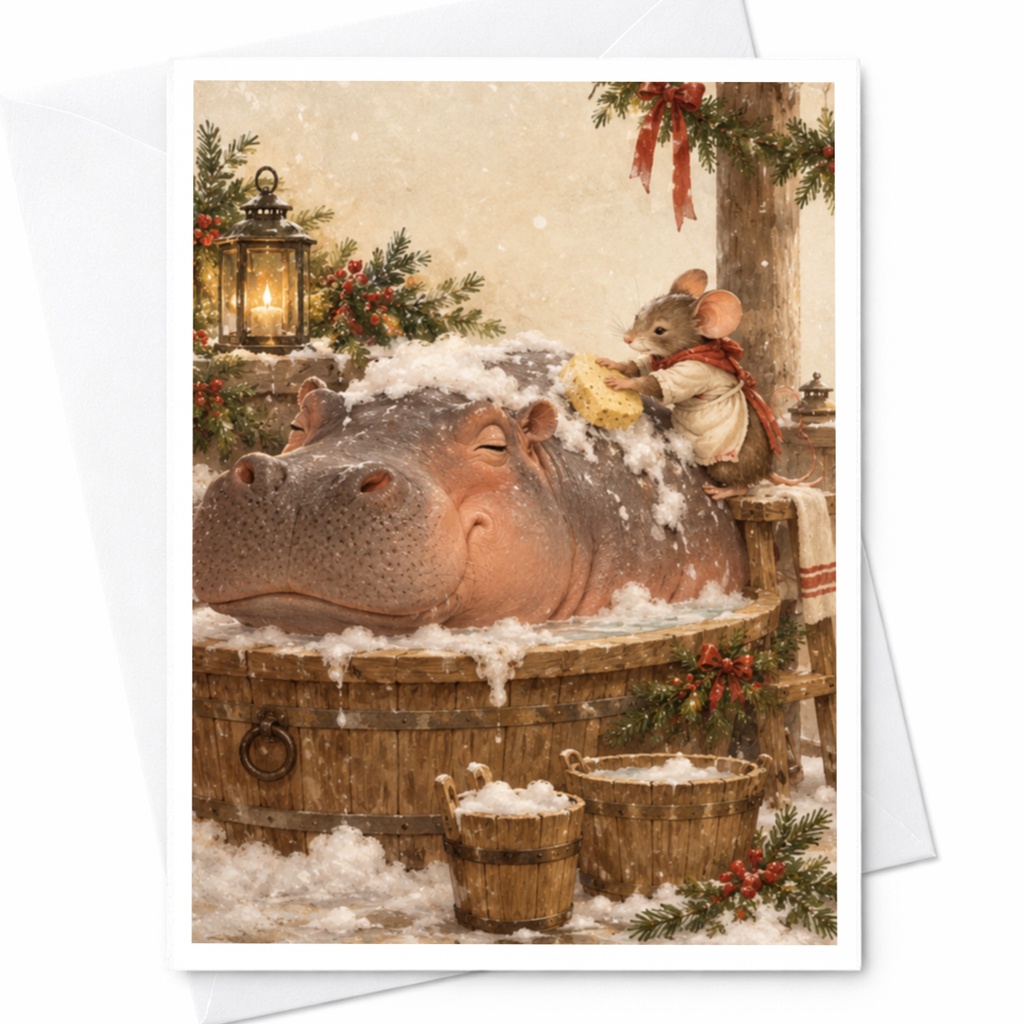 Hippo And Mouse Christmas Card Cute Animal Holiday Greeting Card Festive Bath Scene For Animal Lover Winter Card C9855