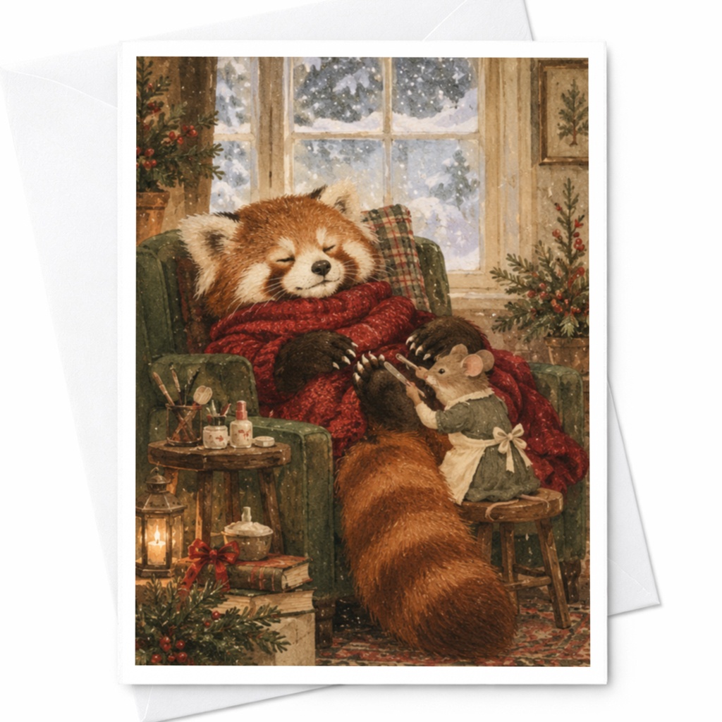 Red Panda And Mouse Cozy Scene Greeting Card Cute Animal Everyday Card For Animal Lover Winter Holiday Card C9857