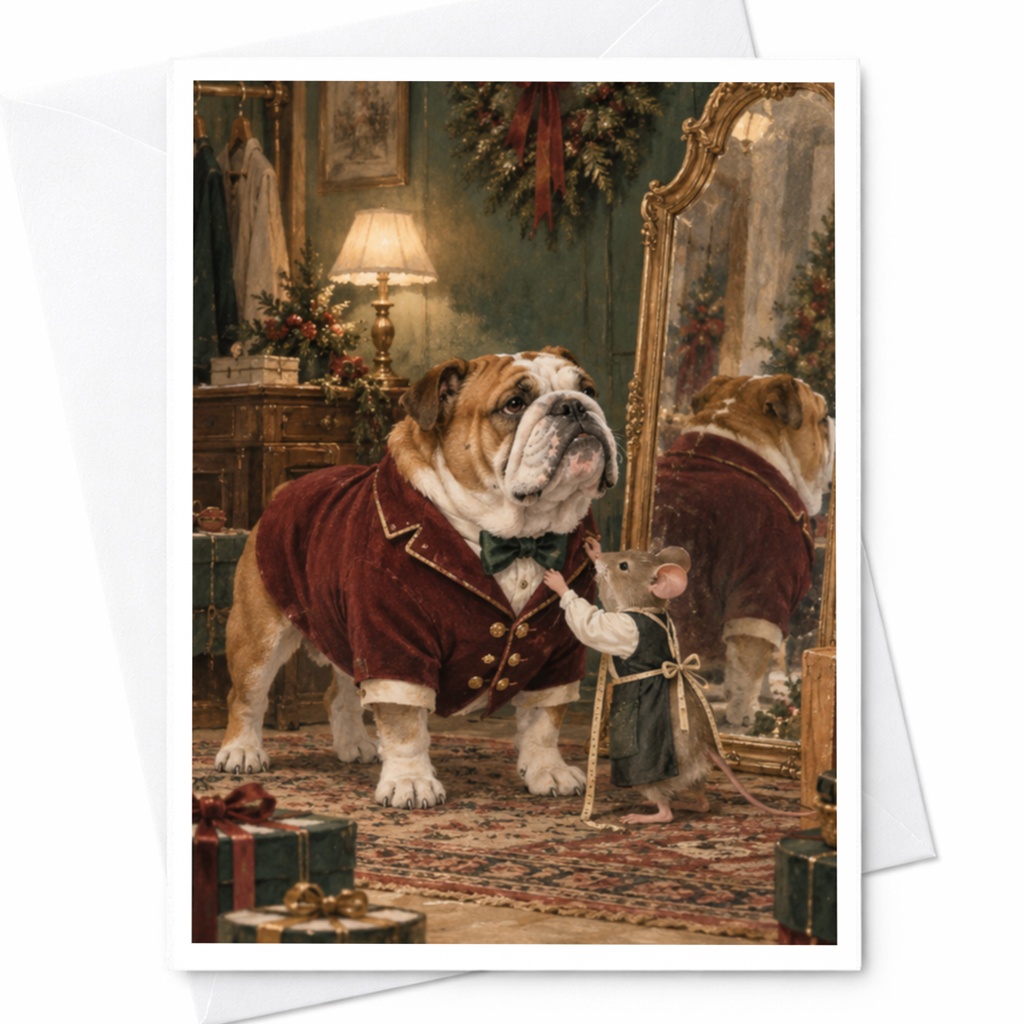 Bulldog And Mouse Christmas Card Festive Animal Greeting Card Cute Holiday Card For Dog Lover Vintage Style C9859