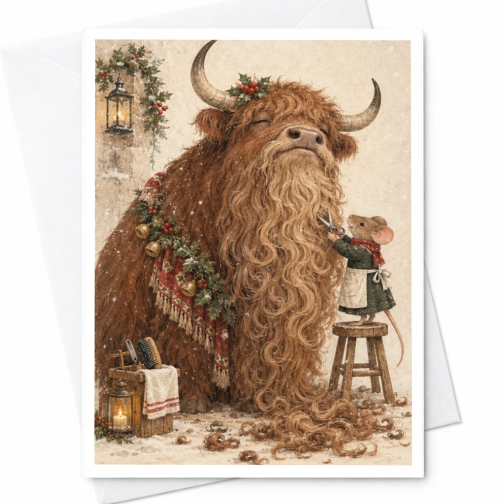 Highland Cow Christmas Greeting Card Cute Animal Holiday Card For Her Funny Winter Card With Mouse Barber Scene C9860