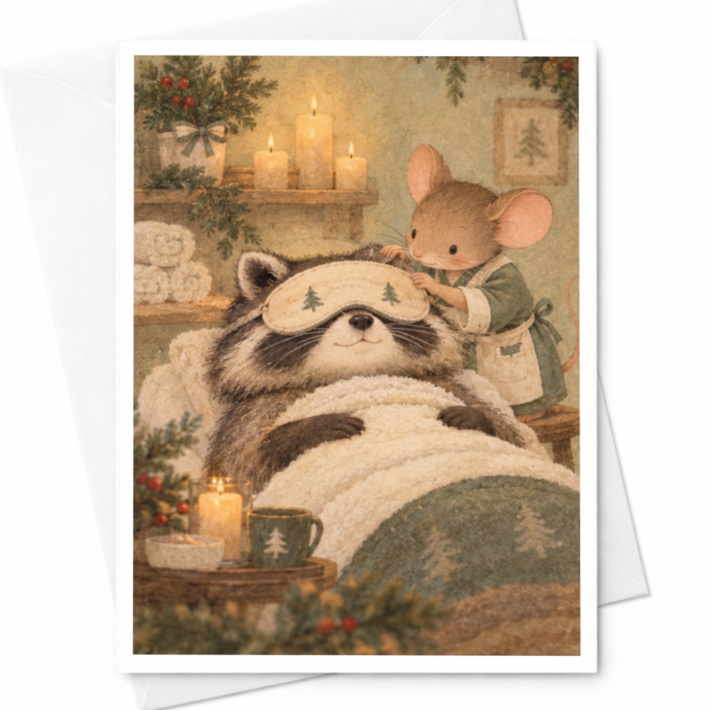 Raccoon And Mouse Spa Scene Blank Greeting Card Cozy Animal Illustration Relaxation Card For Friend Cute Woodland Art C9862
