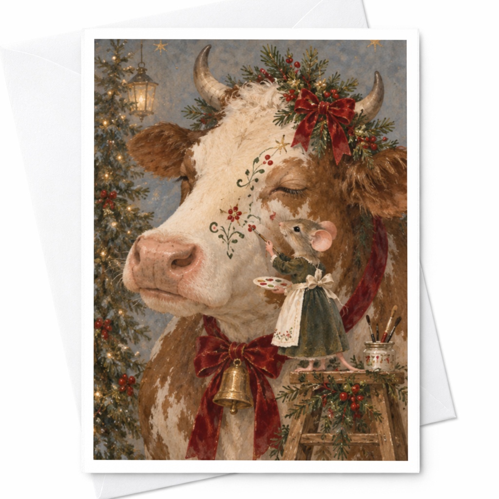 Cow And Mouse Christmas Card Cute Animal Holiday Greeting Card For Animal Lover Festive Art Card Winter Scene C9850