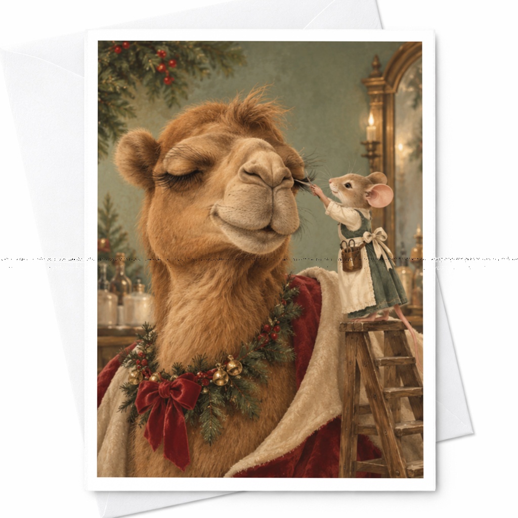 Camel And Mouse Christmas Card Cute Animal Holiday Greeting Card Festive Wreath For Animal Lover Whimsical Xmas Card C9853