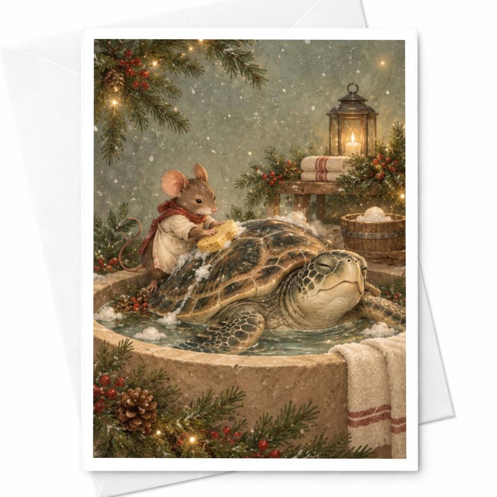 Mouse Washing Turtle Christmas Card Cute Animal Holiday Greeting Card Winter Scene For Animal Lover Festive Card C9856