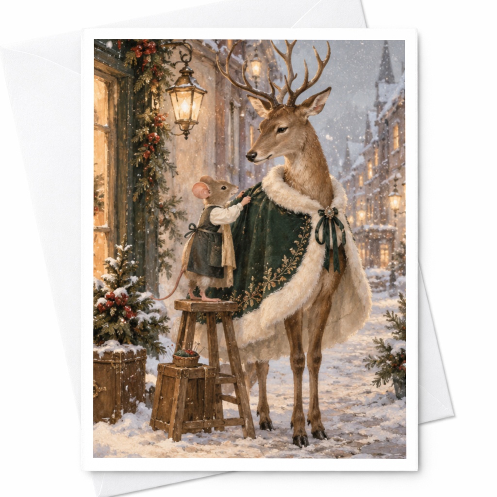 Deer And Mouse Winter Scene Christmas Card Cute Animal Holiday Greeting Card For Nature Lover Festive Snowy Illustration C9858