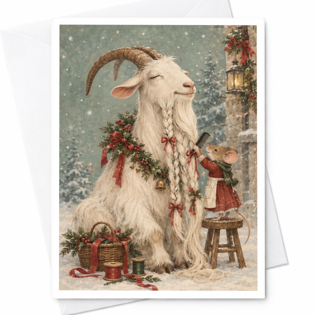 Goat And Mouse Christmas Card Cute Animal Holiday Greeting Card Winter Scene For Animal Lover Festive Card With Braided Beard C9861