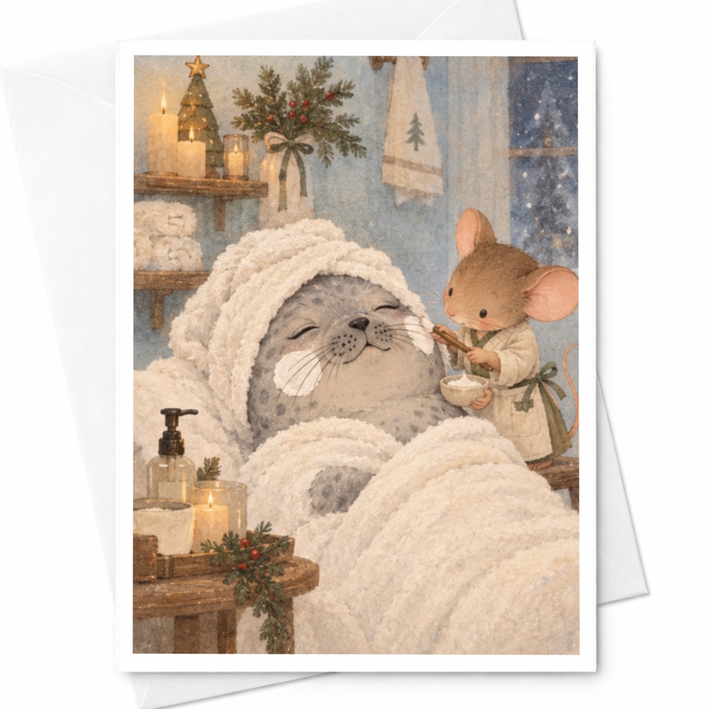 Seal And Mouse Spa Scene Blank Greeting Card Cute Animal Relaxation Card For Friend Cozy Winter Illustration C9863