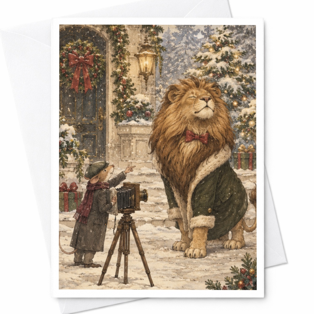 Lion And Mouse Christmas Card Winter Scene Holiday Greeting Card Cute Animal Illustration Festive Card For Animal Lover C9864