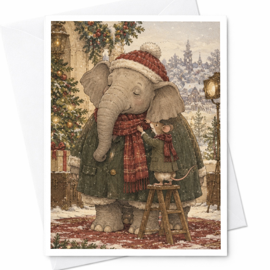 Elephant And Mouse Christmas Card Cute Animal Holiday Greeting Card Winter Scene For Kids Family Adorable Festive Card C9865