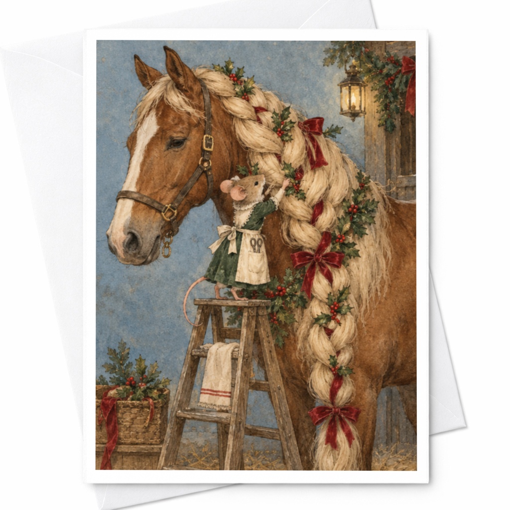 Horse With Braided Mane Christmas Card Cute Animal Greeting Card For Horse Lover Holiday Card With Mouse And Festive Decor C9867