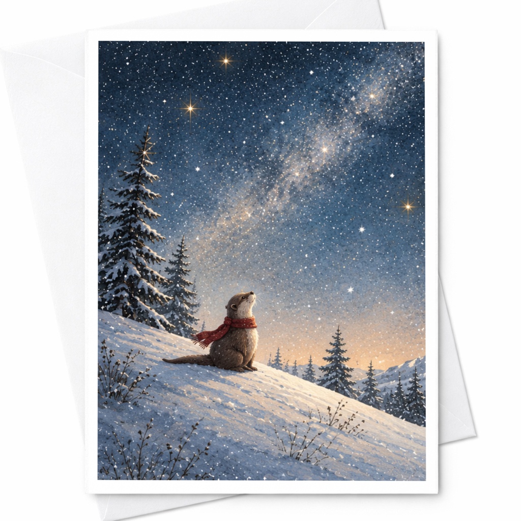 Otter In Snow Under Starry Sky Blank Greeting Card Winter Animal Card For Nature Lover Cute Wildlife Christmas Card C9873