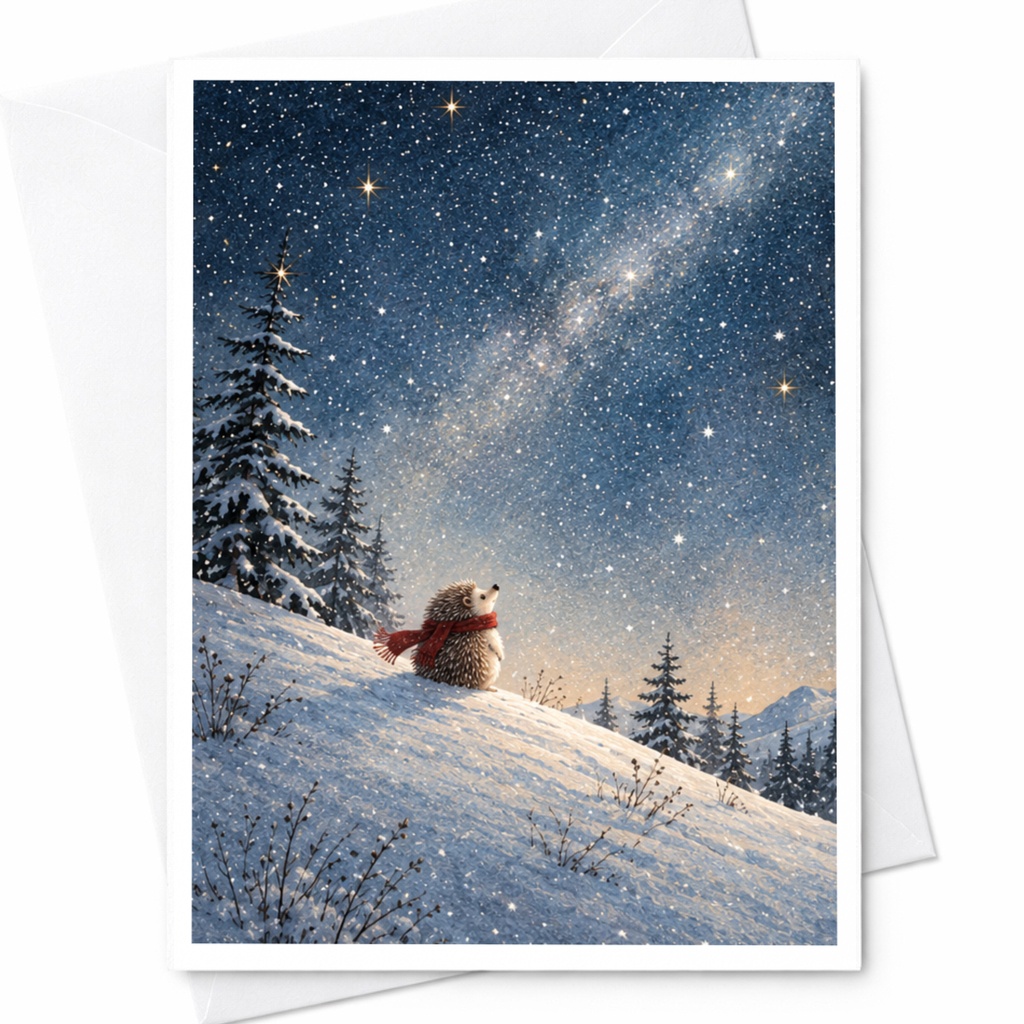Hedgehog In Snowy Landscape Blank Greeting Card Winter Scene Cute Animal Card For Nature Lover Christmas Card Starry Night C9874